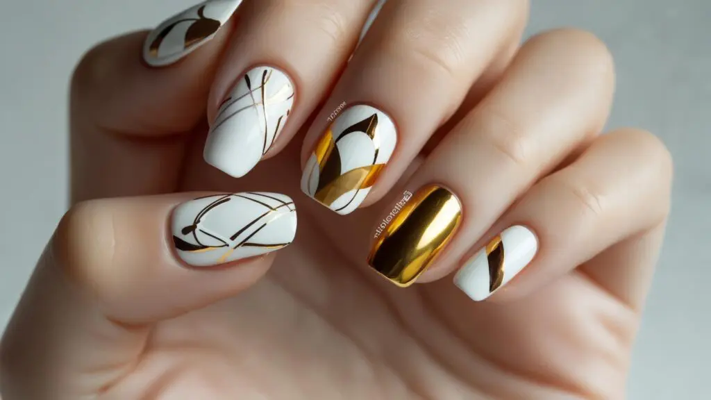 white and gold nails