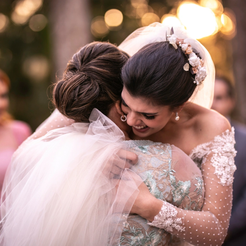 Mother and Bride hugging after the wedding