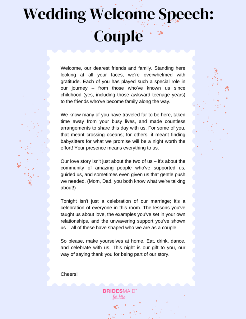 Wedding Welcome Speech Examples - From the Couple