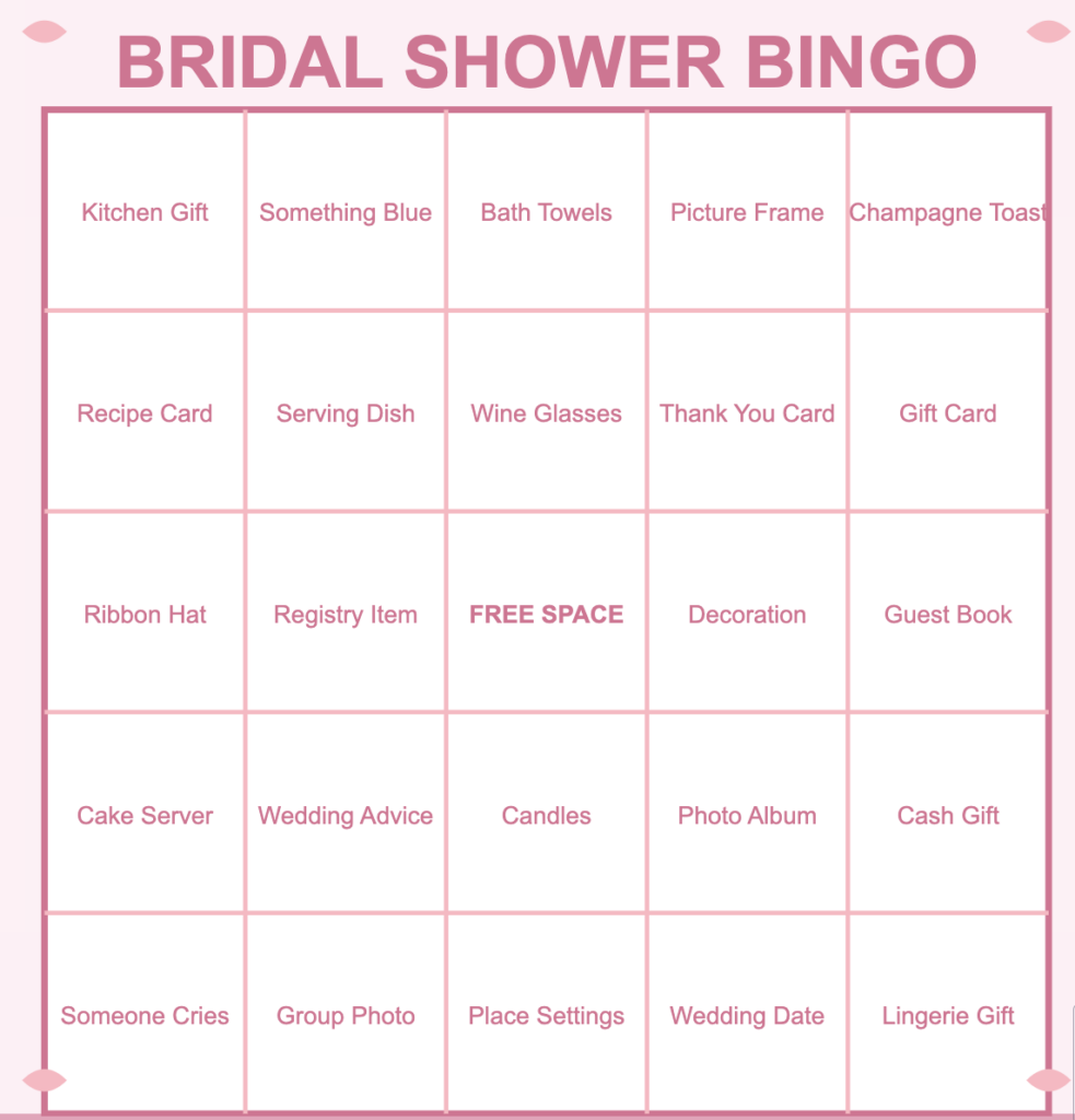 bridal shower bingo 