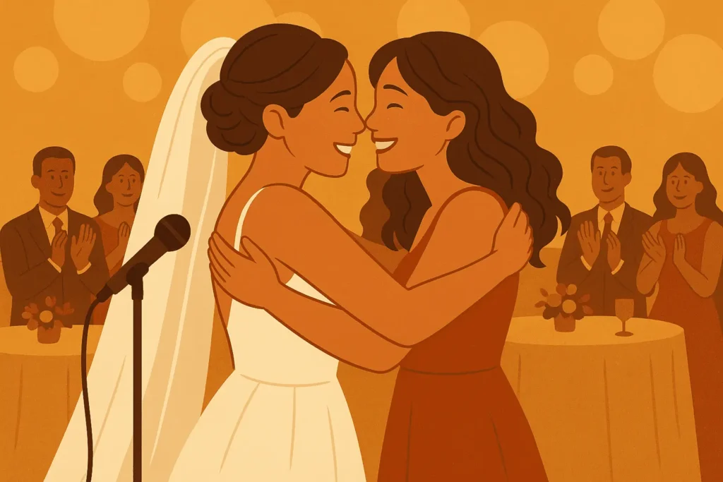 maid of honor and bride hugging