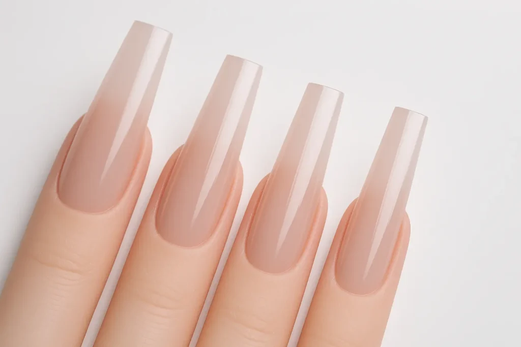 Structured acrylic ballerina nails with dramatic length