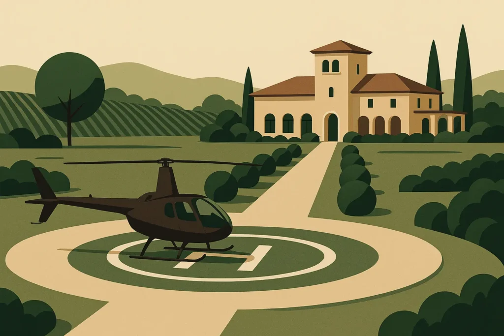 Luxury helicopter arriving at exclusive Napa vineyard