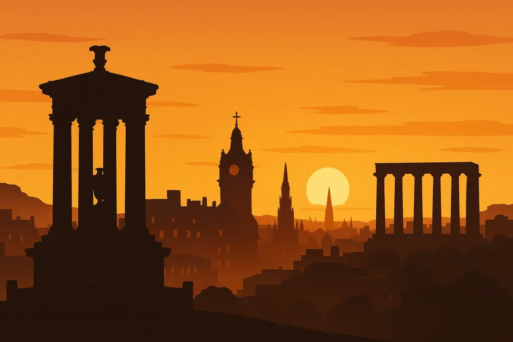 Calton Hill sunset view over Edinburgh city lights