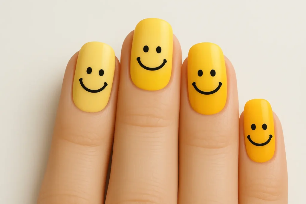 Gradient yellow smiley face nail design
