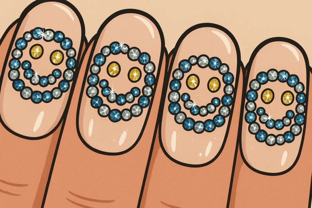 Rhinestone 3D smiley face nail design