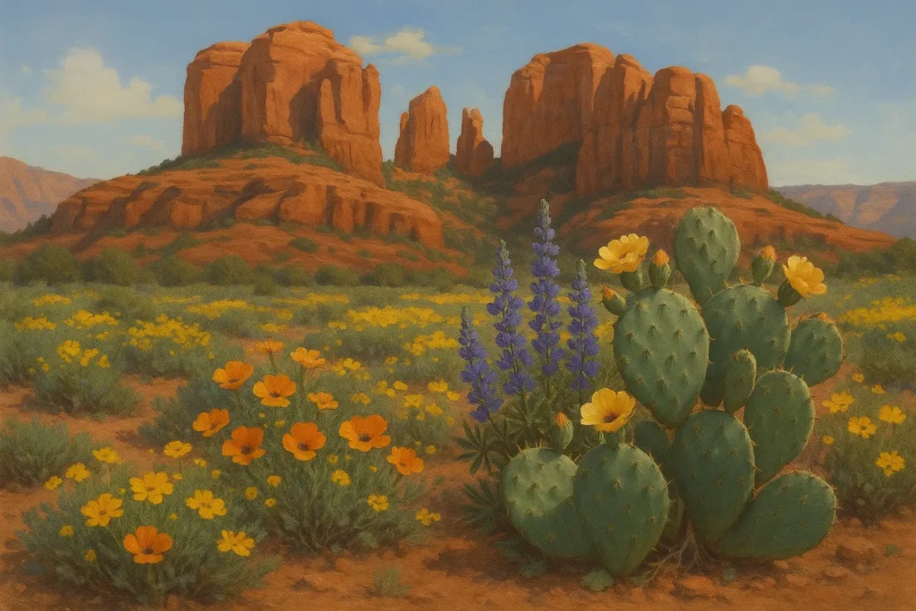 Desert wildflowers blooming among red rocks