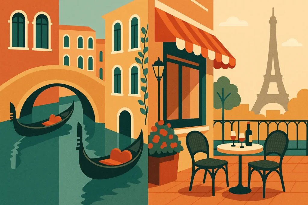 Romantic European destinations including Venice canals and Tuscan vineyards