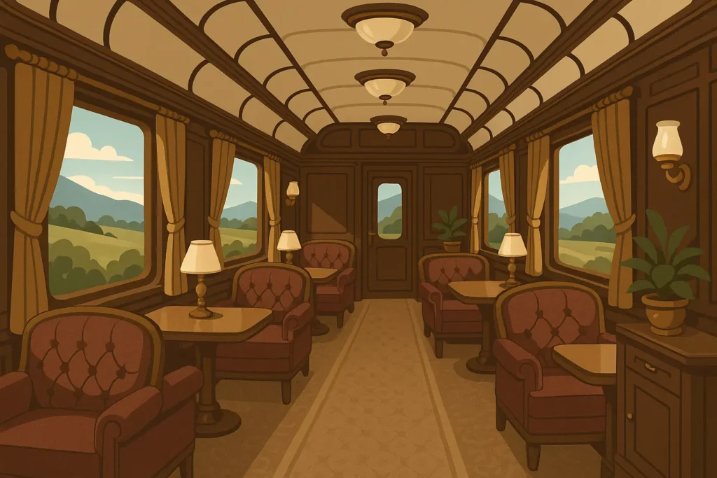 Luxury train interior with elegant dining car and panoramic windows