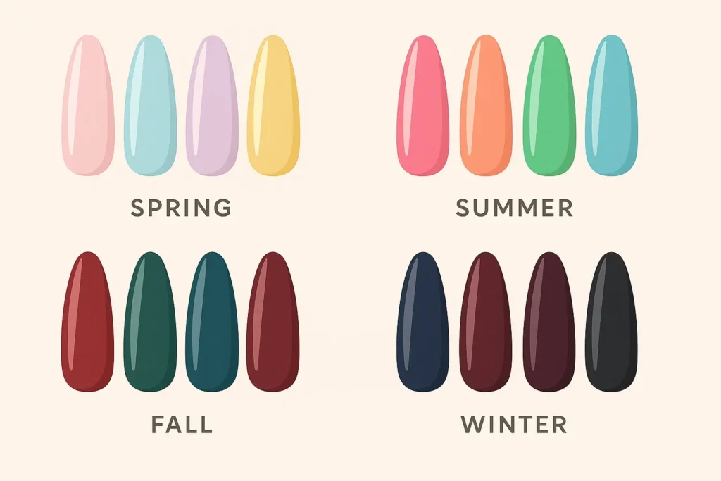 Seasonal color palette ballerina nails showing different seasonal shades
