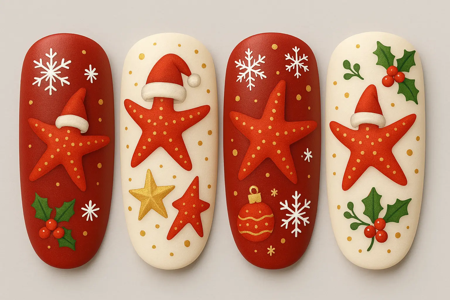 Christmas-themed starfish nail design with red and gold holiday colors