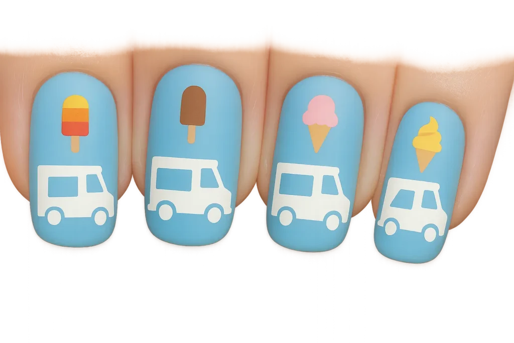 Ice cream truck themed nail design with sky blue base