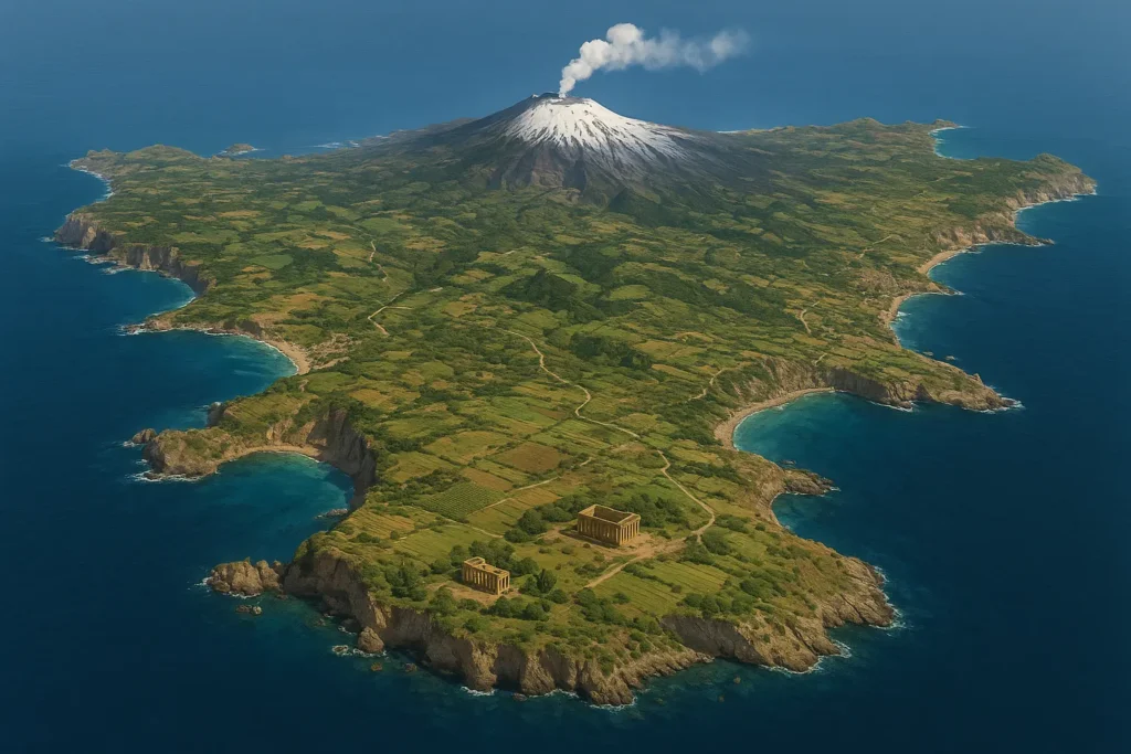 Sicily coastline with ancient temples and Mount Etna