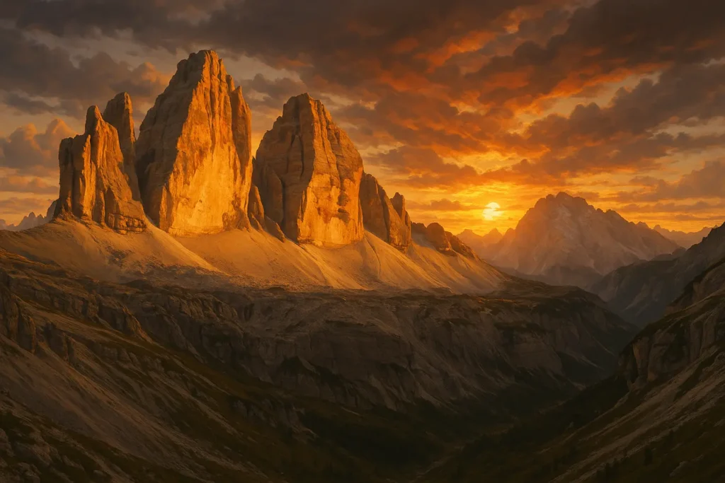 Stunning Dolomites mountain peaks with alpine meadows