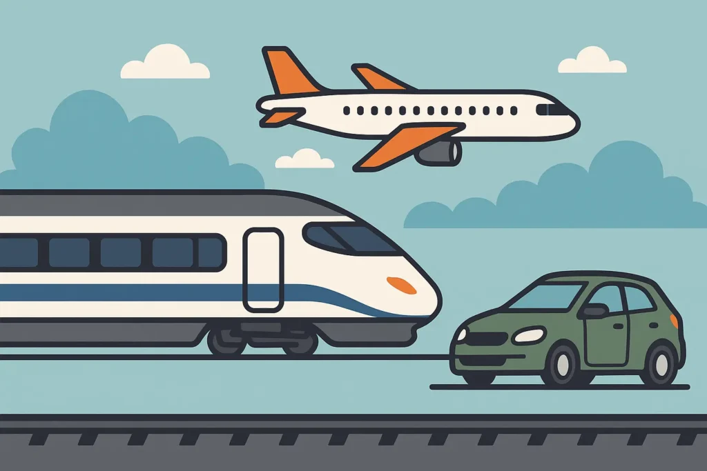 European transportation options including trains, planes, and rental cars