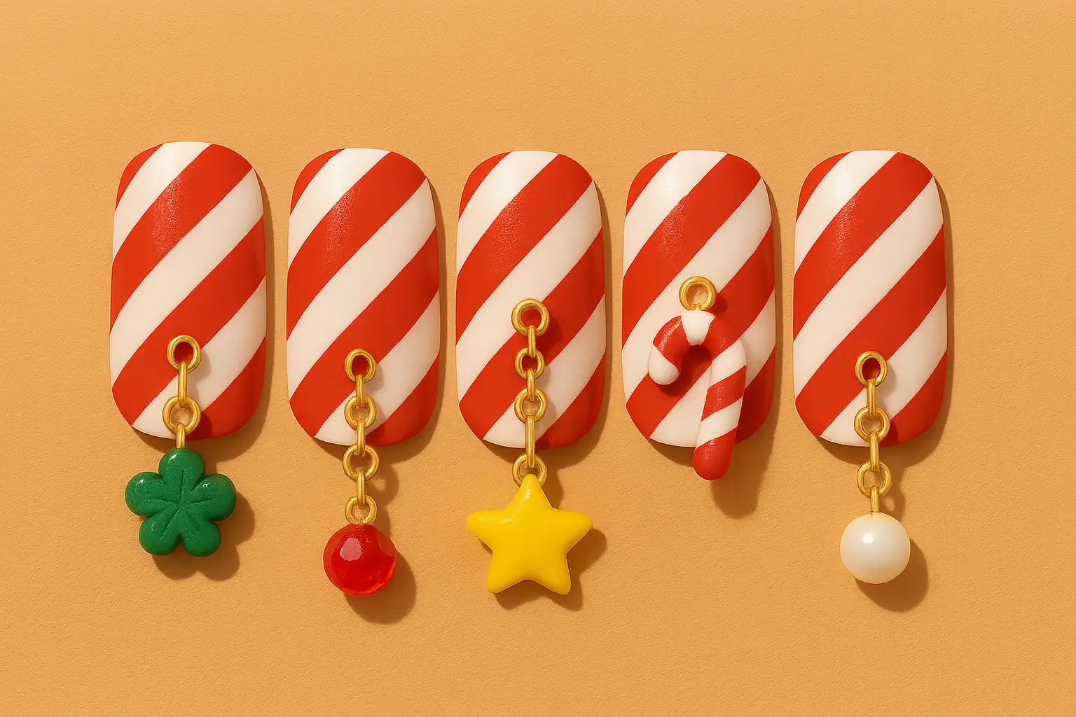 Interactive candy cane nail design with 3D charms