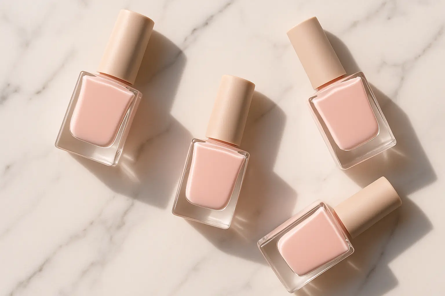 Elegant milky pink nail polish bottles arranged on marble surface