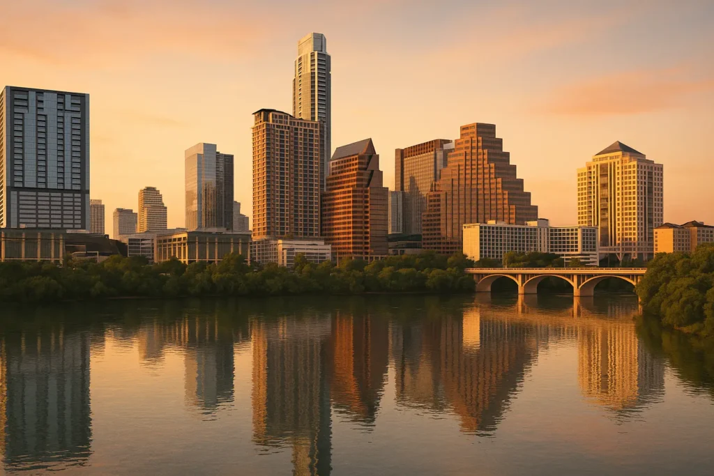 Austin skyline with distinctive music venues and BBQ restaurants