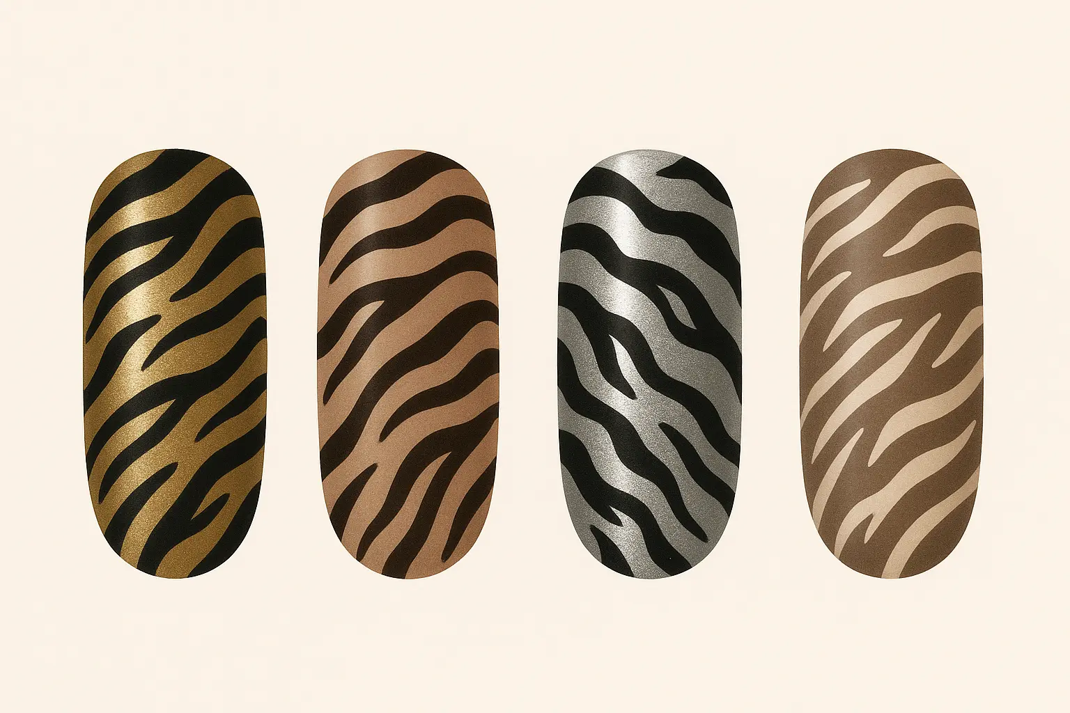 Modern tiger print acrylic nails with metallic finishes