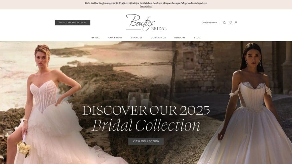 Bowties Bridal boutique website homepage
