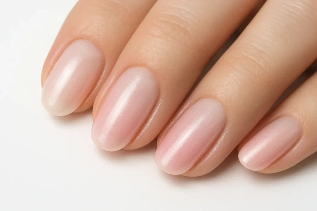 Rose quartz pink ombre nails with pearl dust
