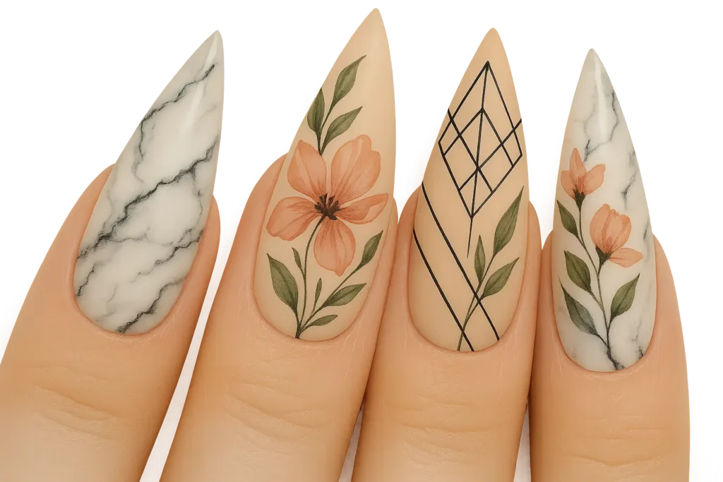 Artistic stiletto nails featuring geometric patterns and negative space designs