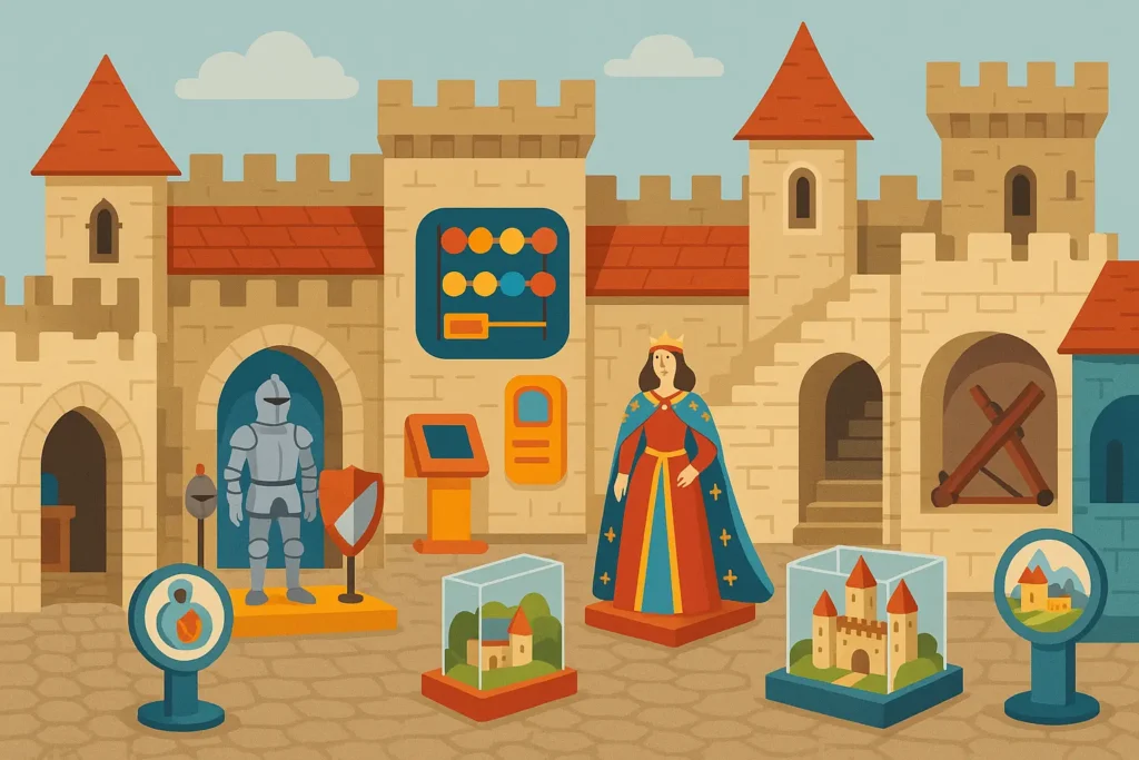 Family exploring Scottish castle with children participating in interactive historical activities
