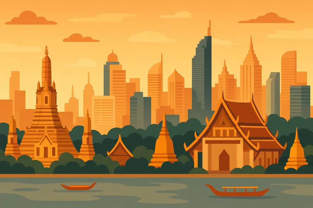 Bangkok skyline with traditional temples and modern buildings