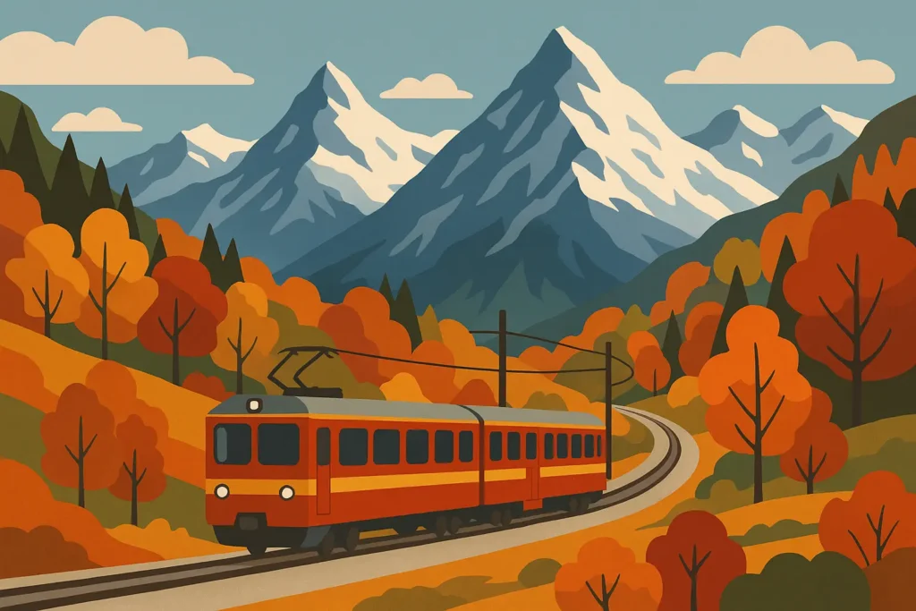 Swiss mountain railway in different seasons