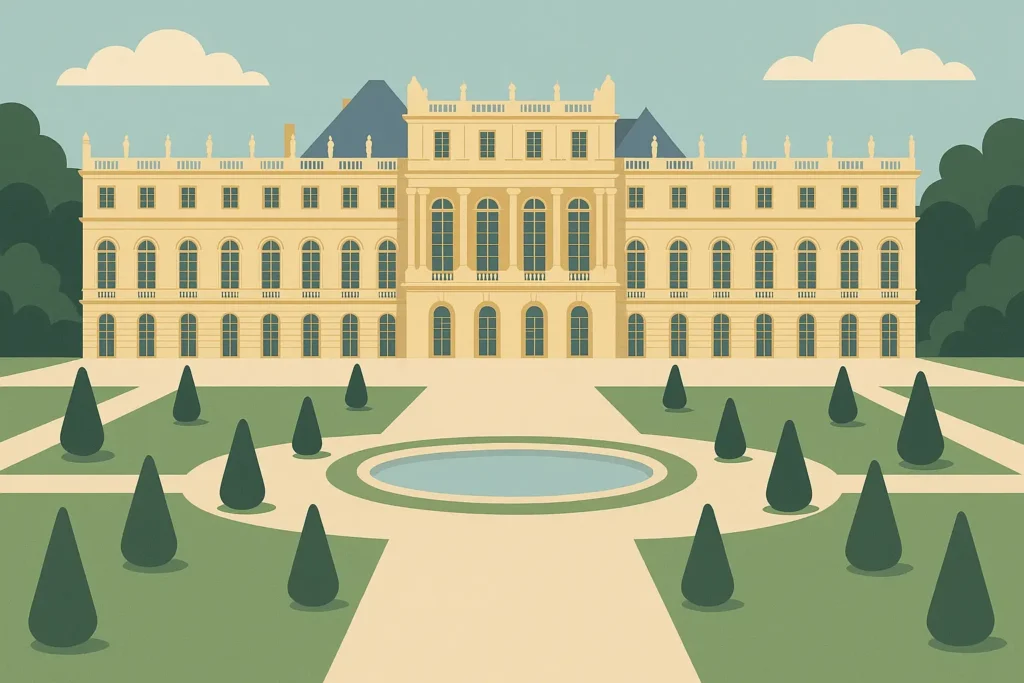 Versailles Palace gardens with fountains and visitors
