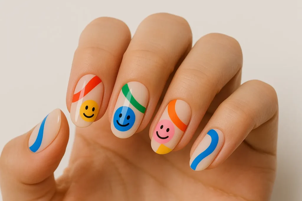 Abstract artistic smiley face nail design