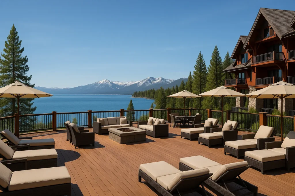Luxury resort at Lake Tahoe with mountain backdrop