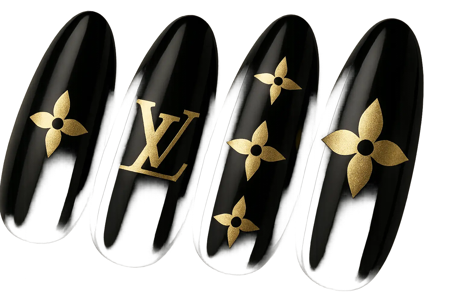 Black and gold Louis Vuitton nail design