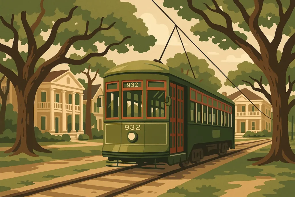 New Orleans streetcar on St. Charles Avenue with oak trees