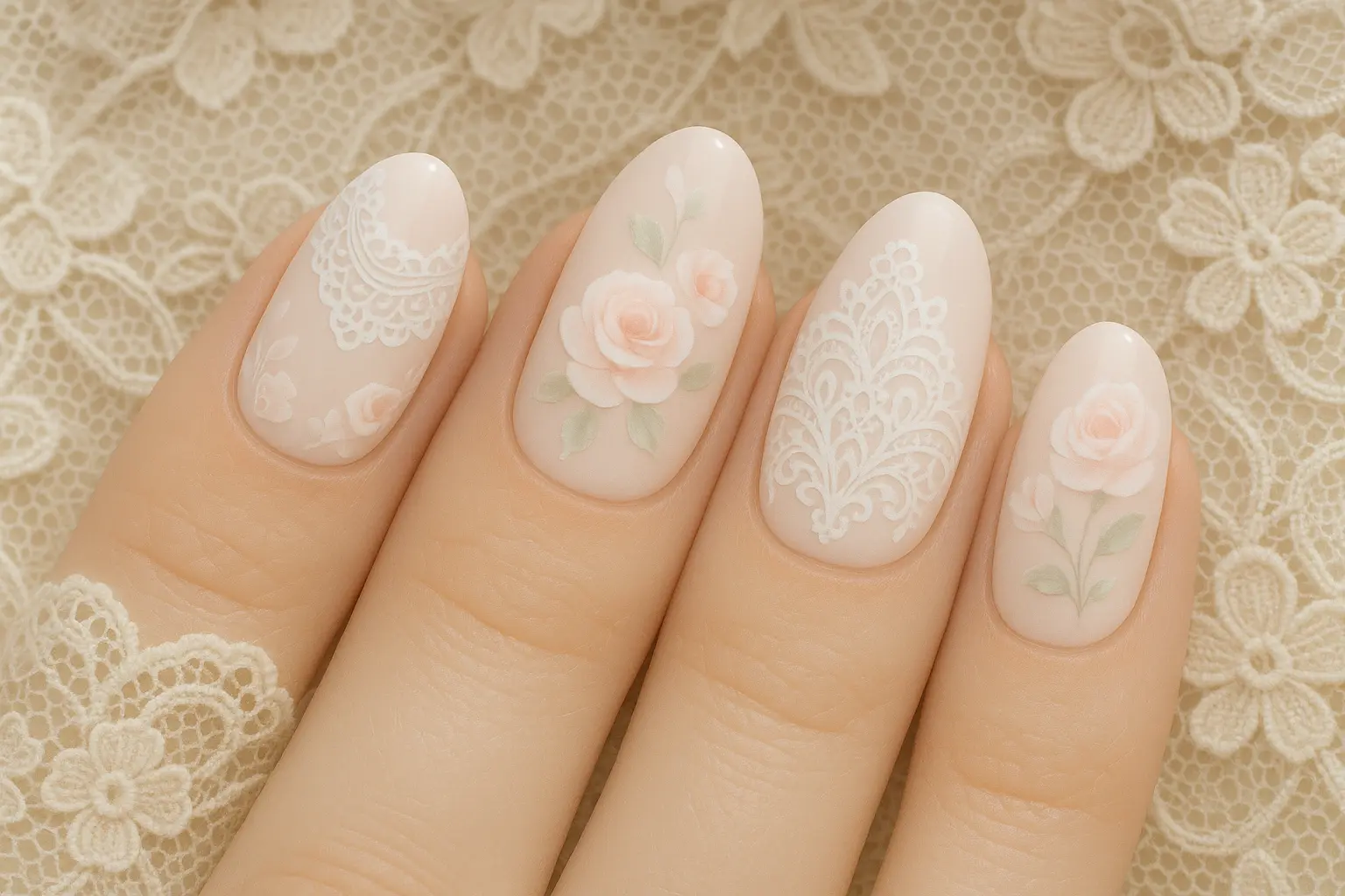 Romantic bridal nail art featuring lace patterns and delicate floral designs