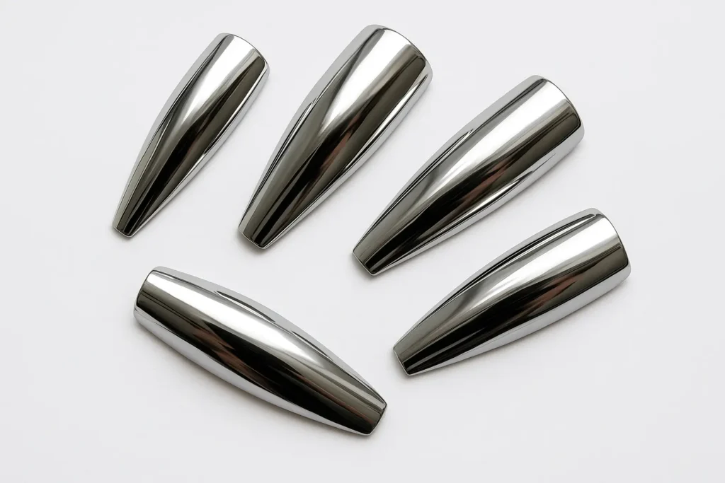 Chrome mirror finish coffin nails reflecting light