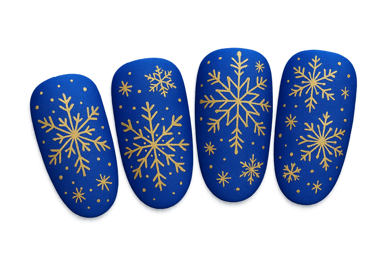 Royal blue nails with gold snowflakes
