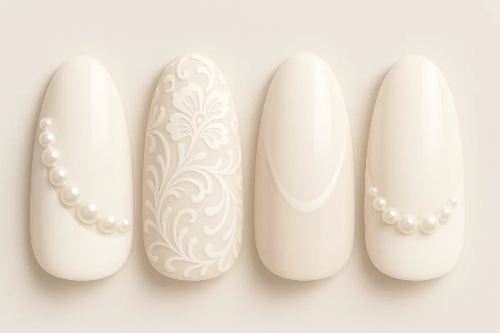 Bridal accent nail designs featuring pearls and elegant details