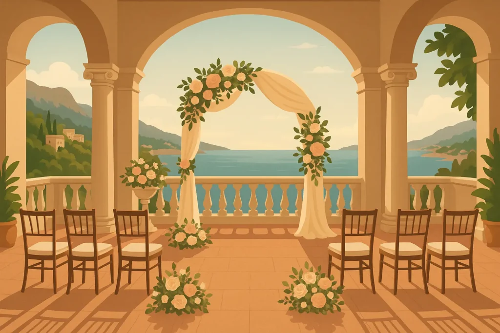 Elegant wedding setup overlooking Mediterranean sea in Mallorca