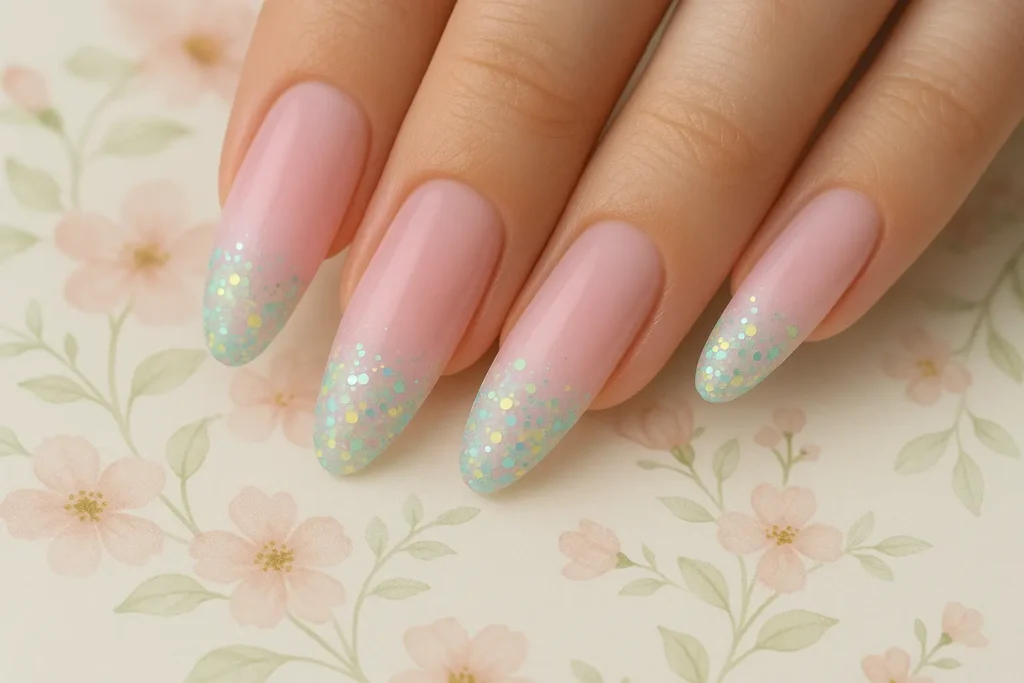 Spring blossom pink ombre nails with pastel glitter