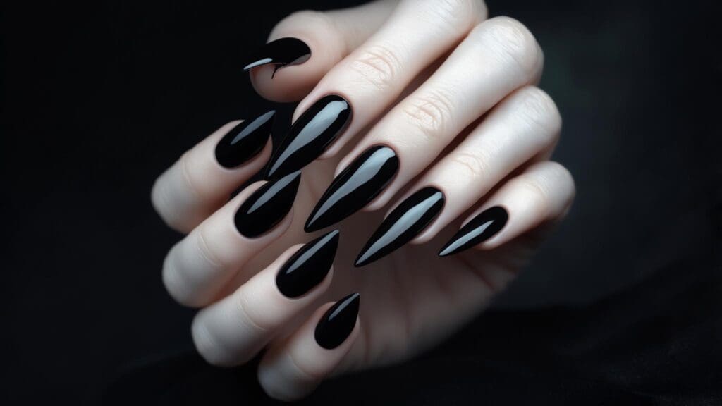 edgy black french tip almond nails