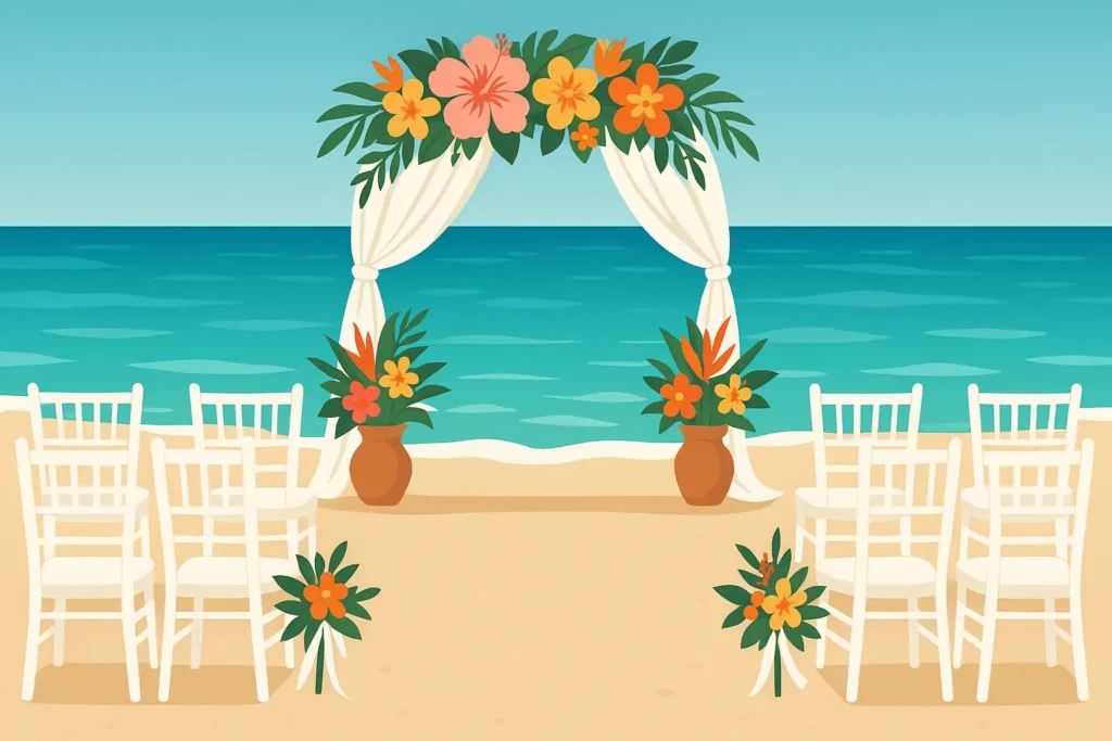 Philippines destination wedding setup on tropical beach with wedding party