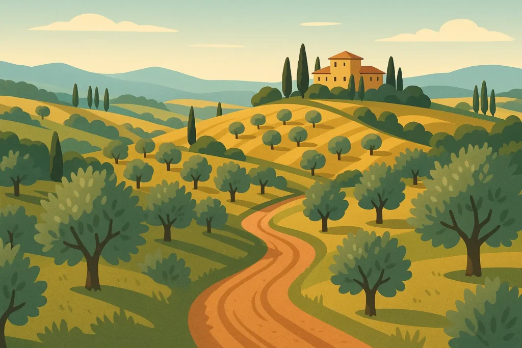 Cyclists on Tuscan countryside road with vineyards