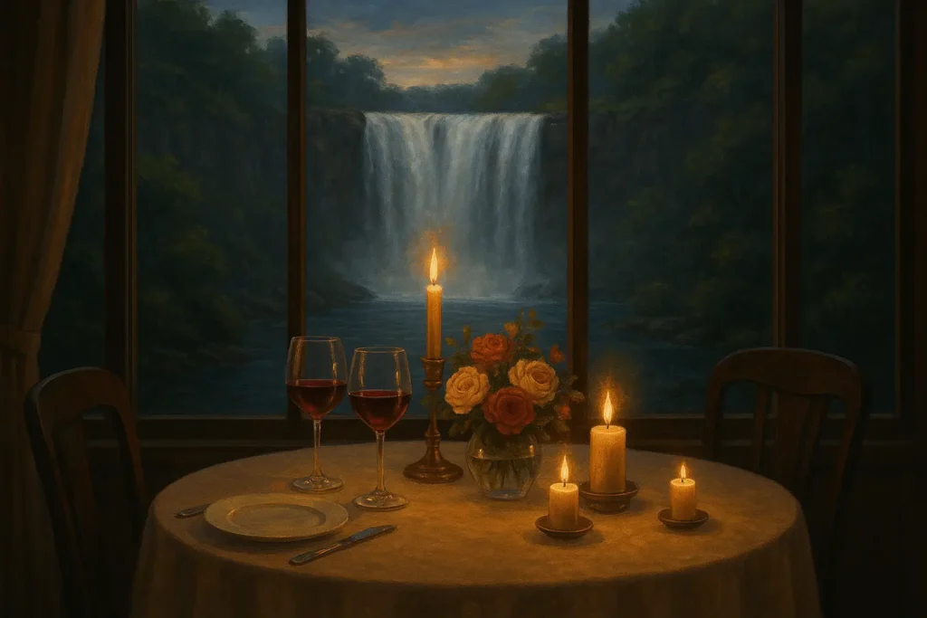 Romantic couple celebrating at Niagara Falls with champagne