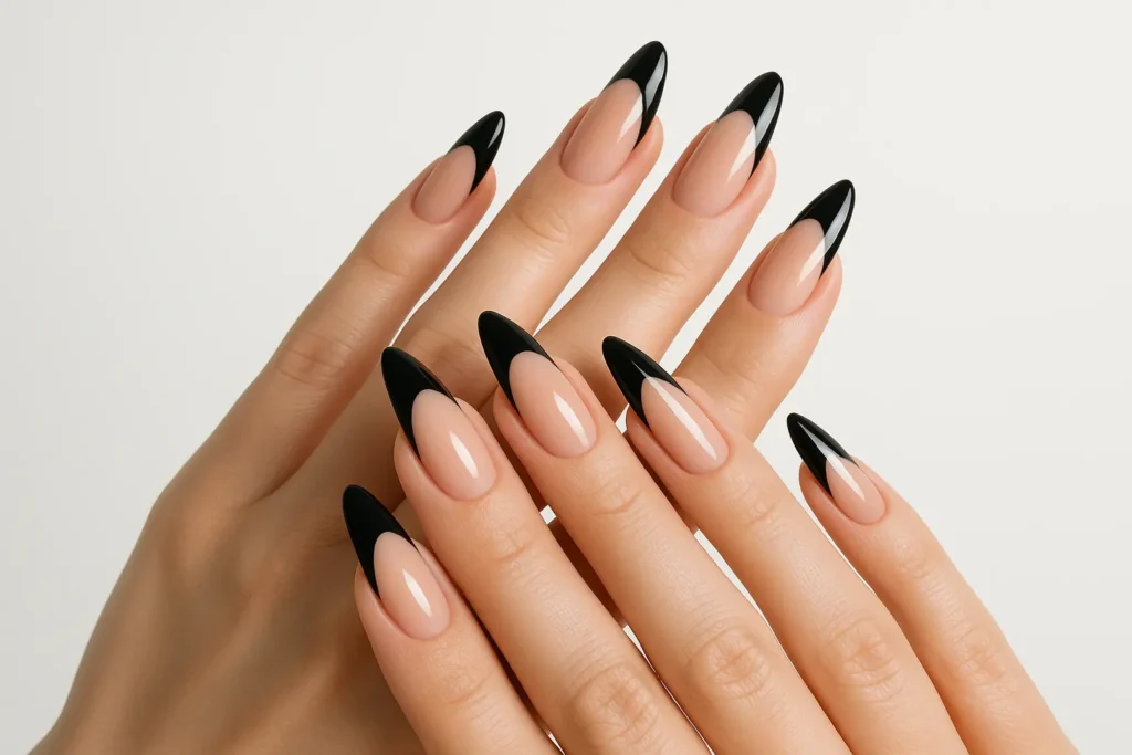 Black French tip almond nails showcase