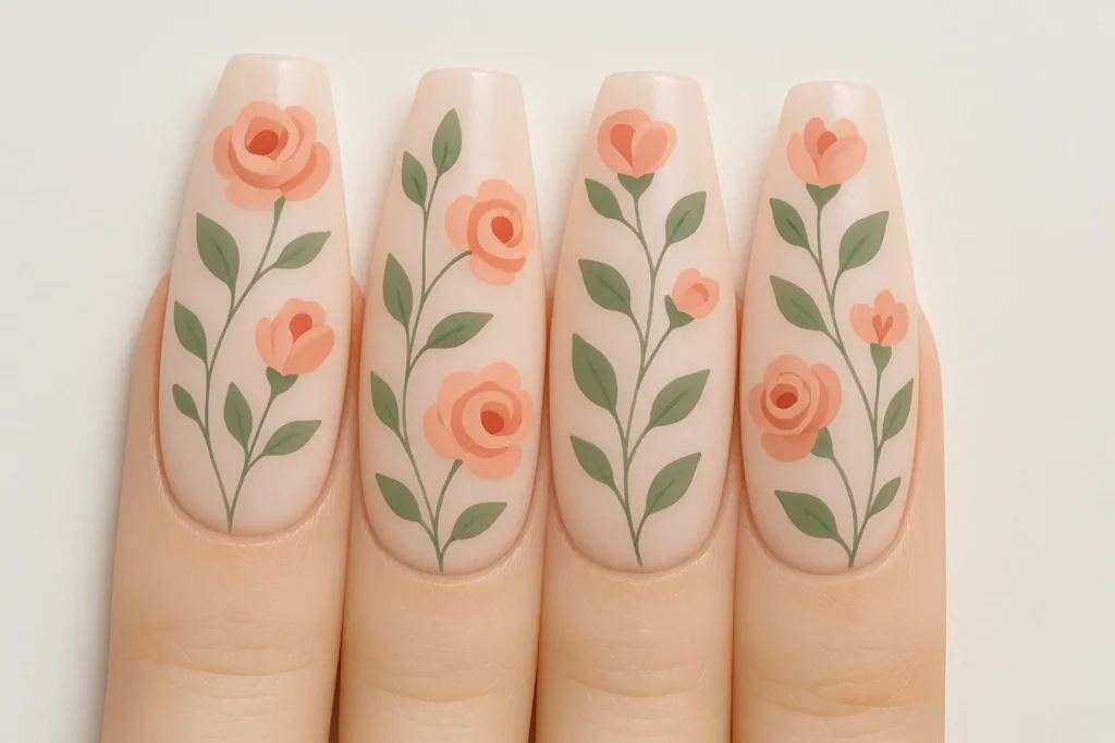 Floral ballerina nail art with hand-painted designs