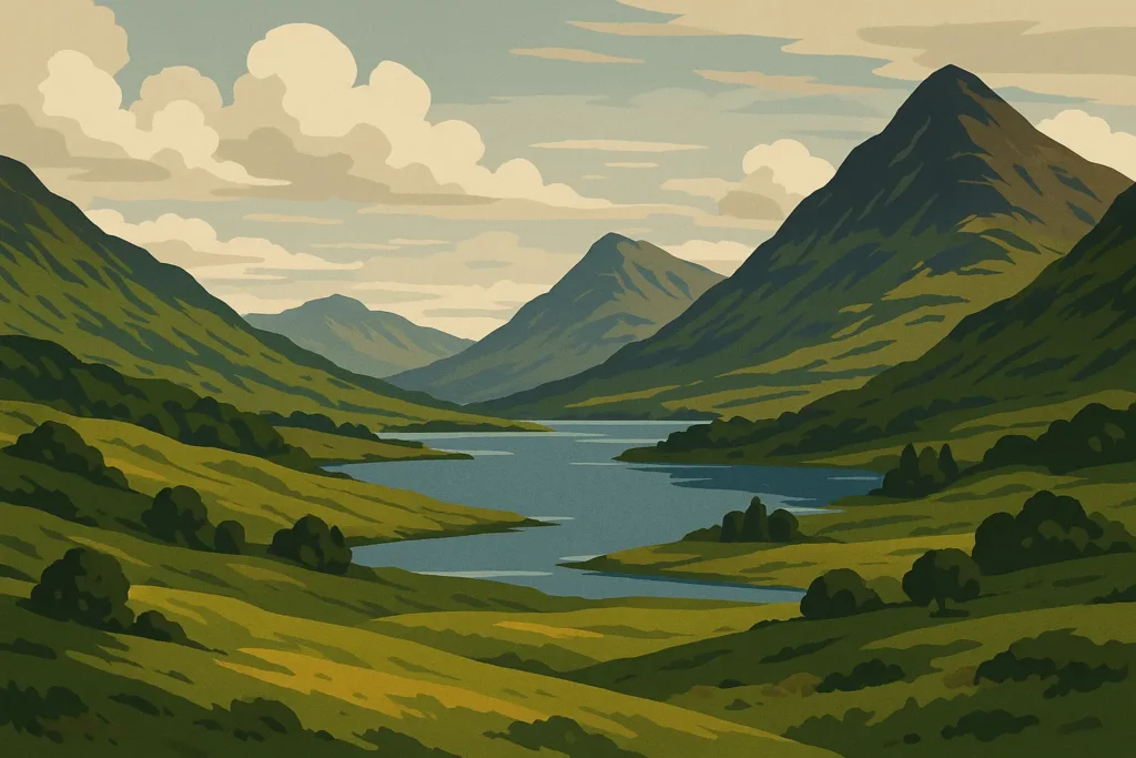 Scottish Highlands loch with mountains and castle reflection