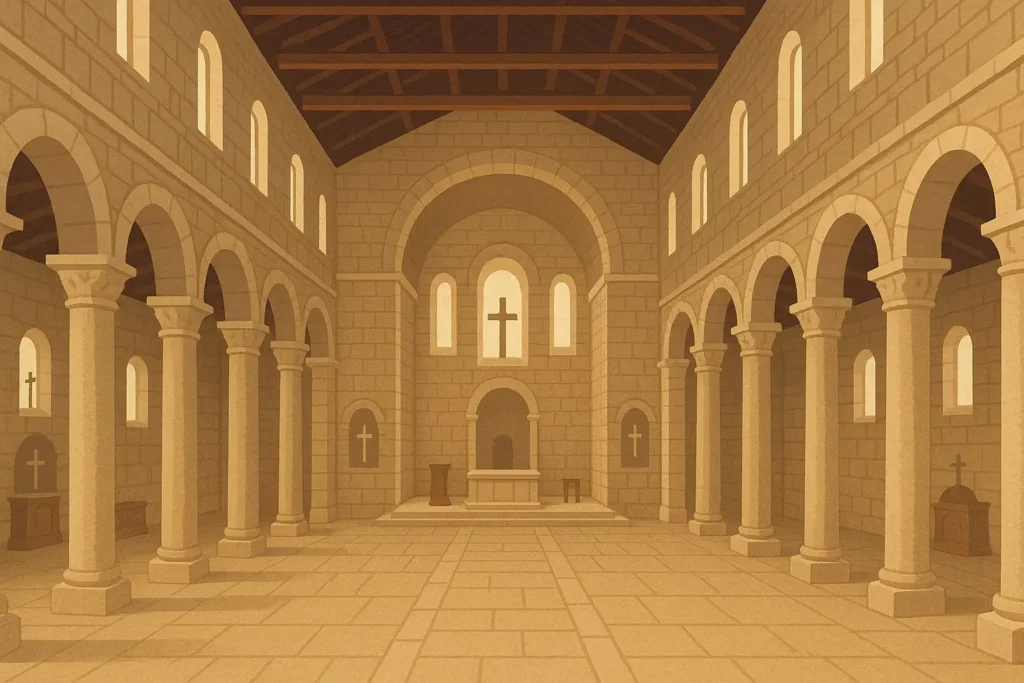 Peaceful interior of early Christian basilica with ancient mosaics