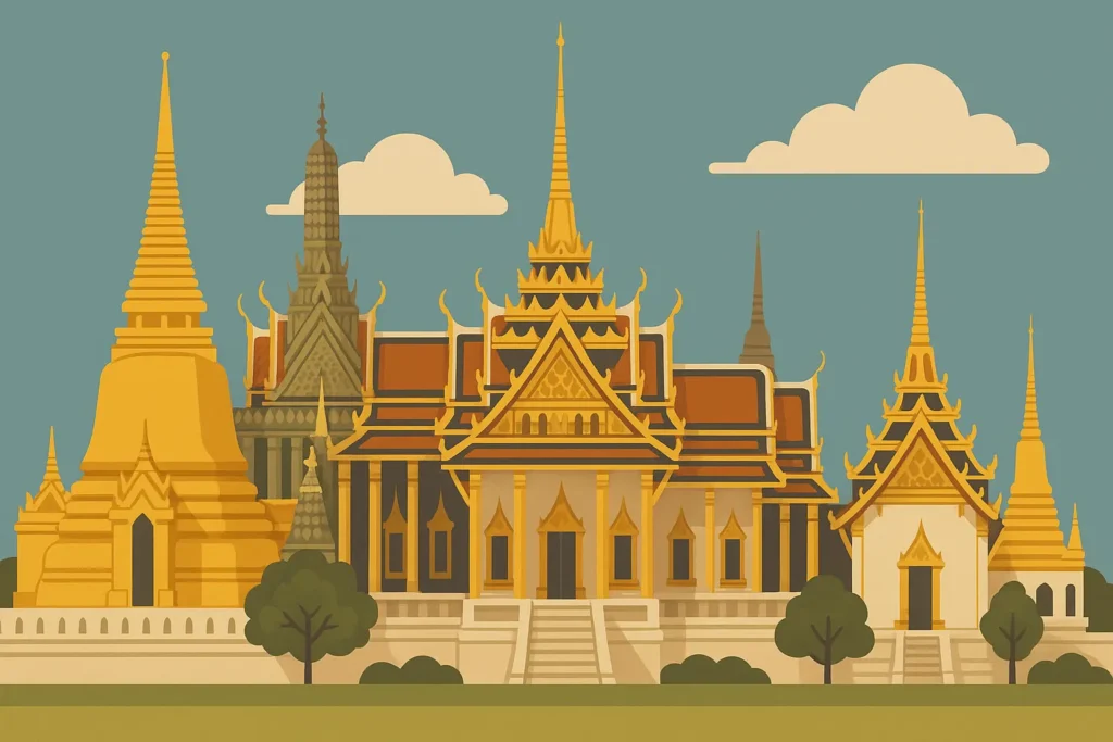 Grand Palace Bangkok with golden spires and ornate architecture