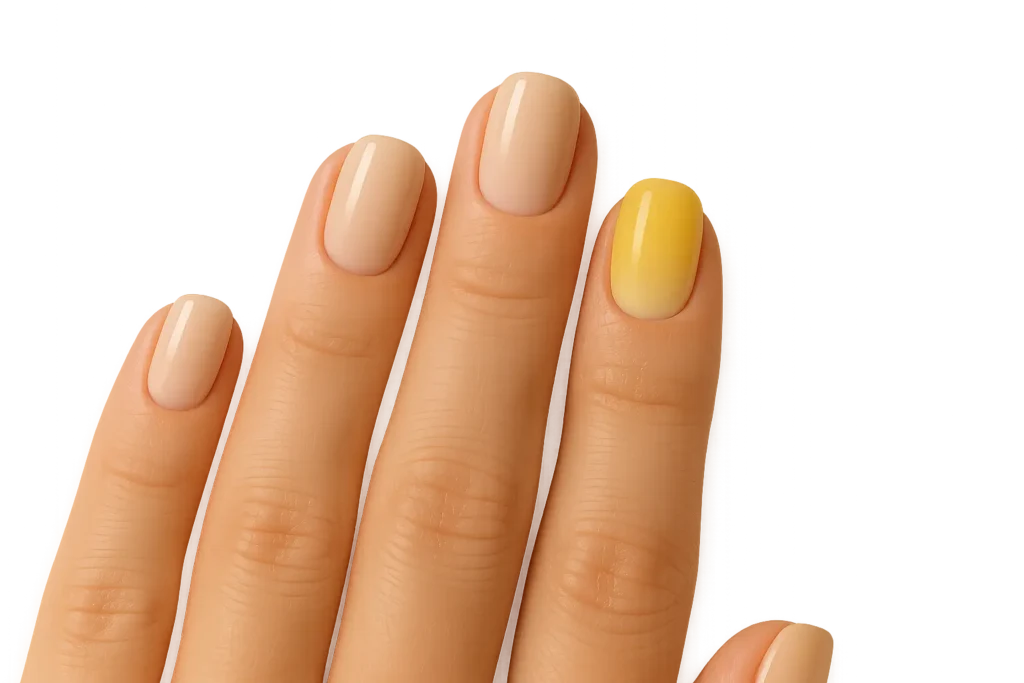 Single accent yellow ombre nail design on ring finger